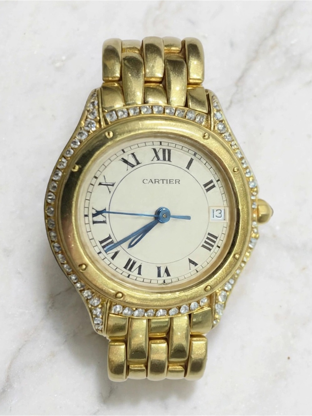Cartier 18 karat Gold Cougar Watch with White Dial, Blue Hands and diamonds. - Picture 15 of 16